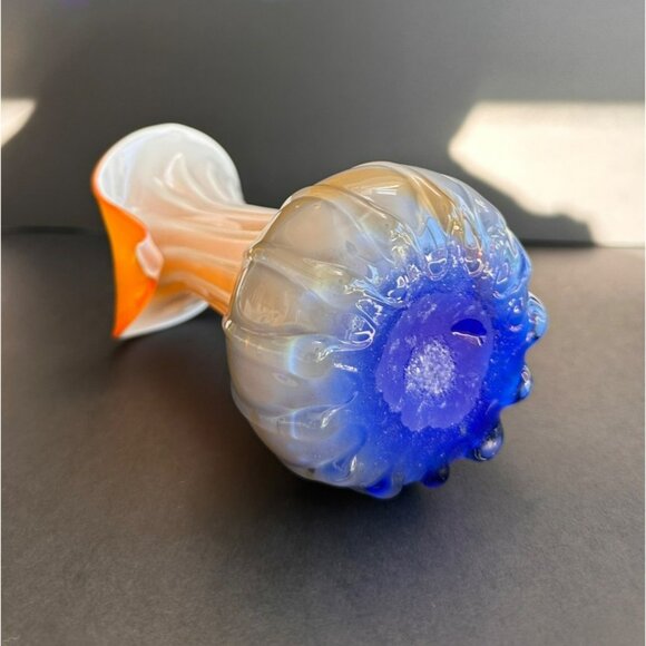 Murano-Style Vase Handblown Art Glass Tulip Vase With Orange & White Stripes Vin - Picture 8 of 9